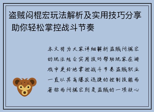 盗贼闷棍宏玩法解析及实用技巧分享 助你轻松掌控战斗节奏